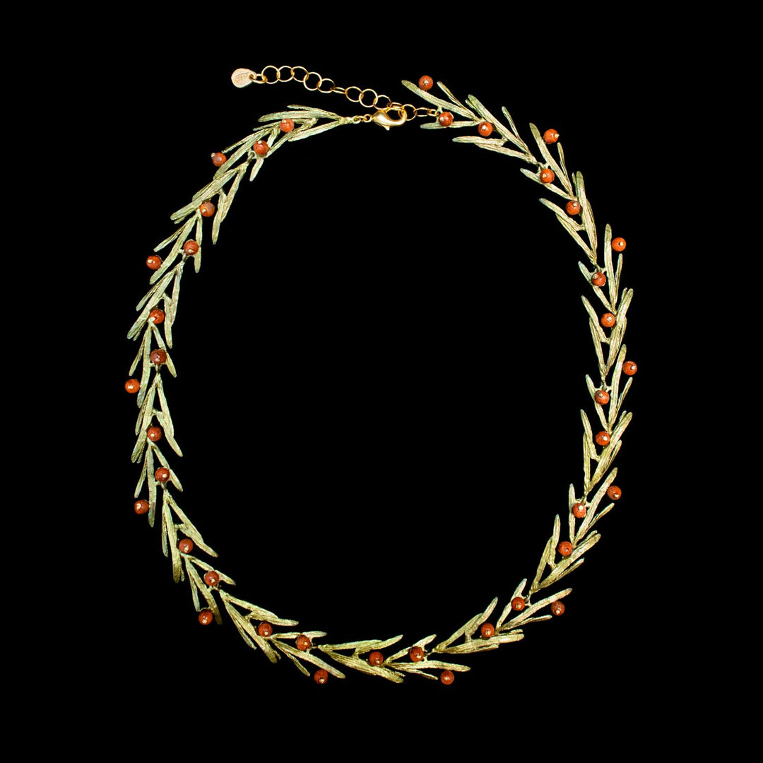 Statement-Collier Zierspargel mit opulenten Bronzezweigen und Karneolperlen.