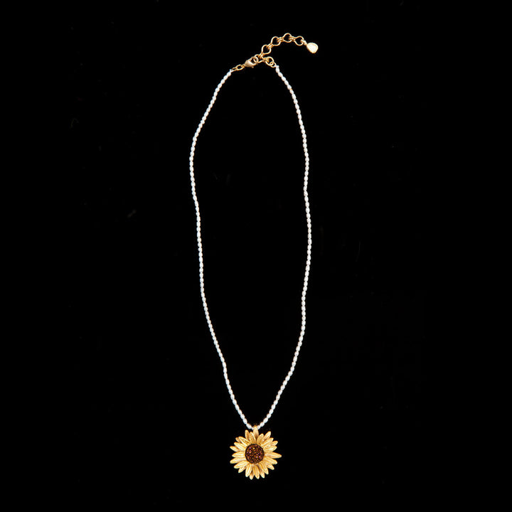 Sonnenblumen Kette mit Anhänger - Weiße Perlen